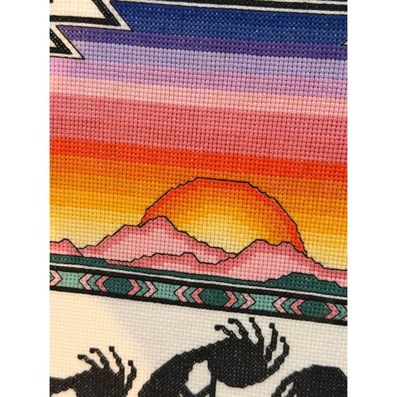 Framed Southwestern Kokopelli Cross-Stitch Art – Sunset Desert Scene (2005) - Picture 8 of 9